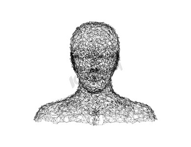 混沌线在技术概念、人工智能等白色背景上塑造了人脸。3d 插图