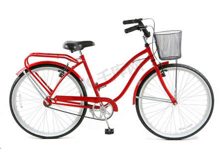 骑二八自行车的人摄影照片_红色自行车
