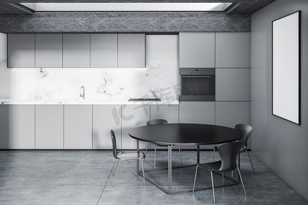 大理石厨房内饰用灰色橱柜, 一个内置烤箱, 一个圆桌和灰色的椅子。墙上的海报。3d 渲染模拟