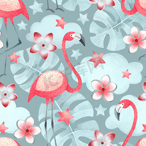 火烈鸟、热带花卉和树叶的水彩插图。无缝热带图案