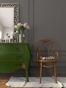 Interior with a green chest of drawers and a wooden chair