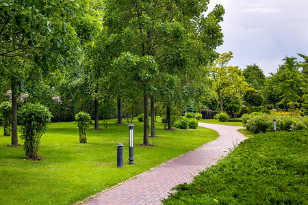 公园里的石瓦走道弯道，在常绿树树篱和落叶树与铁皮花园灯笼之间，没有人.