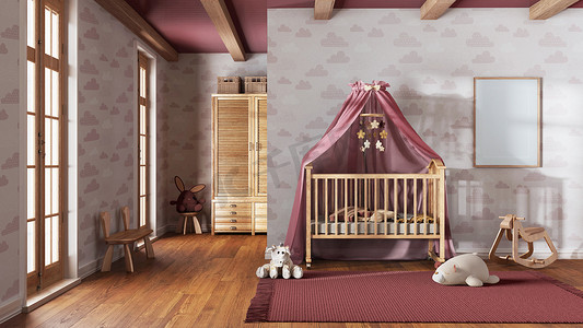 弹弓造型摄影照片_木制苗圃，墙纸为红色，米色色调，框架造型。天篷婴儿床，地毯和玩具。老式室内设计