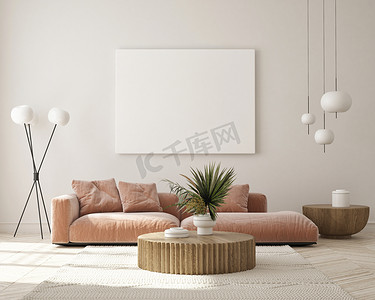 现代简约风格客厅摄影照片_在现代室内环境、客厅、简约风格、 3D渲染、 3D插图中模仿海报框架