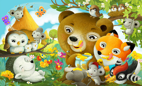 卡通场景摄影照片_不同森林动物的卡通场景森林给孩子们吃蜂蜜的图片