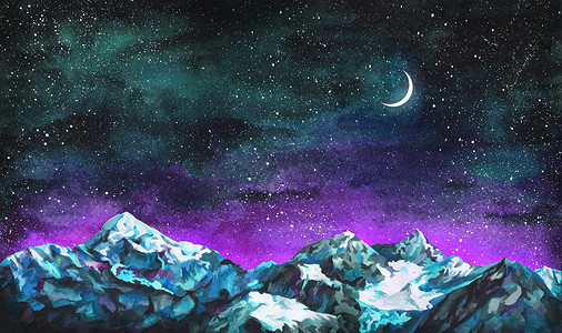 手绘山风景摄影照片_水彩风景的布满星星的夜空，月亮和山.