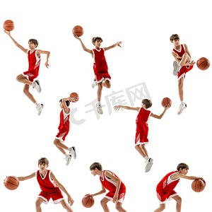 少年男孩肖像的拼贴，身穿红色制服的篮球运动员，在白色背景下被隔离的训练