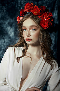 一个金发碧眼、头戴花环的年轻女子的浪漫春天画像