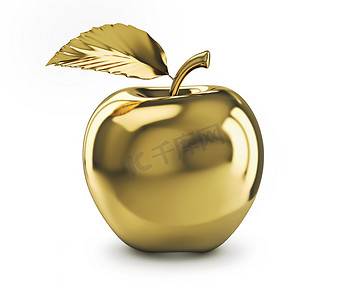 金色3d背景摄影照片_金色苹果被隔离在白色背景上。使用修剪路径进行3d 渲染
