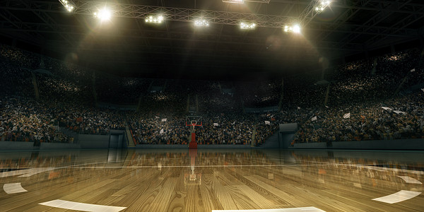 论坛板块摄影照片_职业篮球场与篮球圈在3D。论坛与体育迷