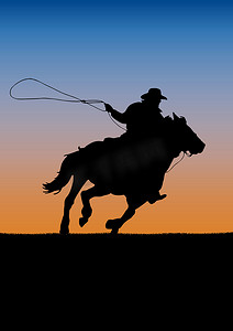 竞技比赛, 日落背景。矢量海报牛仔和套索在马