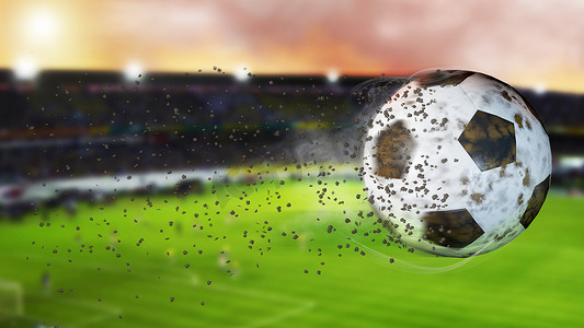 飞行痕迹摄影照片_飞行足球留下的灰尘和烟雾痕迹的3d插图。旋转肮脏的足球，斜拉焦点.
