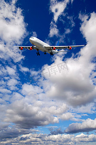 空中旅行-飞机飞在蓝色天空与云彩