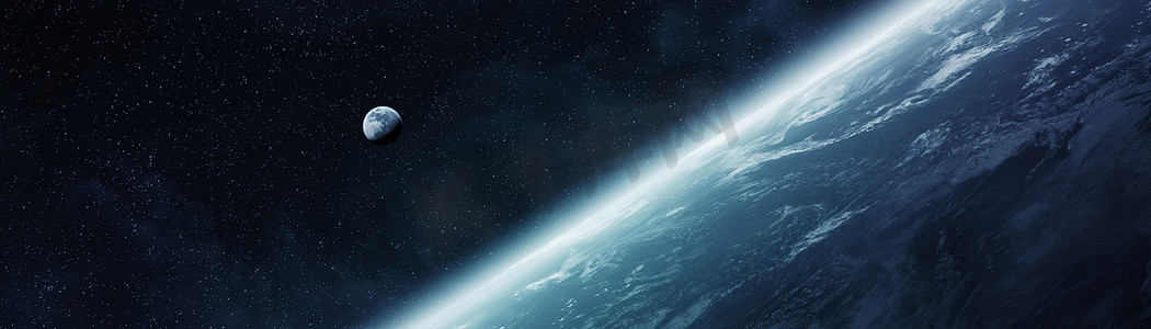 地球的全景与月亮在空间3d 渲染元素的这个图像由 Nasa 提供