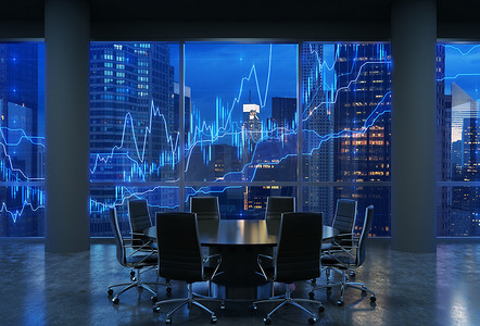 Panoramic conference room in modern office, cityscape of New York skyscrapers at night, Manhattan. Financial chart is over the cityscape. Black chairs and a black round table. 3D rendering.