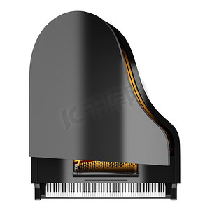 大钢琴摄影照片_孤立在白色背景上的黑色大钢琴的顶视图