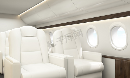 飞机内部的白色皮革扶手椅、 木插入和几个舷窗与天空视图。视镜，3d 渲染