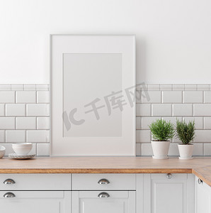 告白日海报摄影照片_模拟海报框架在厨房内饰, 斯堪的纳维亚风格, 3d 渲染