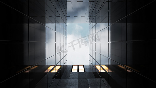 一般现代办公摩天大楼的低角度视图, 高层建筑与抽象几何玻璃和水泥门面。财务和经济背景的概念。3d 渲染 .