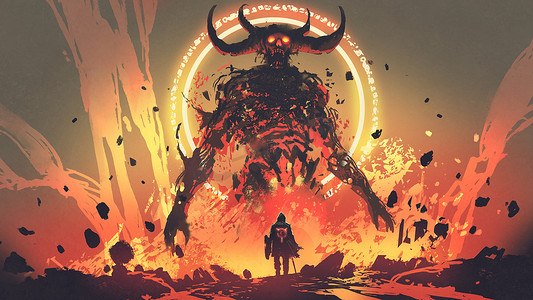 骑士面对地狱中的熔岩恶魔, 数字艺术风格, 插图绘画