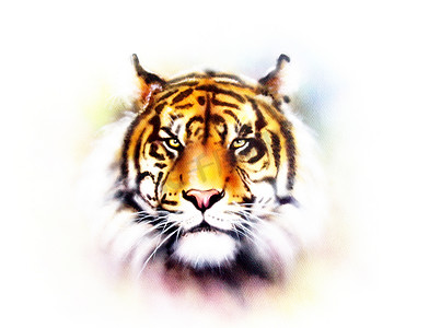 painting摄影照片_painting of a bright mighty tiger head on a soft toned abstract background eye contact