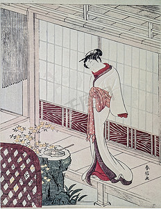 铃木春信。艺伎的露台上。传统的日本雕刻浮世绘