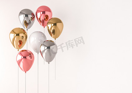 推广宣传海报摄影照片_一套逼真的有光泽的金属气球, 有空的空间用于生日、聚会、宣传社交媒体横幅或海报。3d 渲染插图。国际妇女节主题.