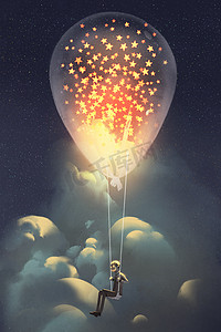 人和与发光星星里面飘在空中的大气球