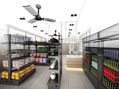 设计超市摄影照片_设计素描的超市，3d 渲染