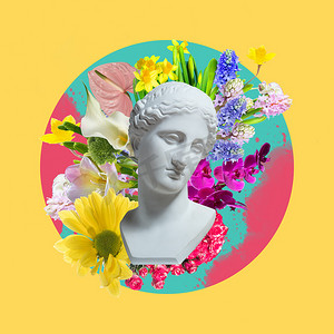 isolated摄影照片_Contemporary art collage with antique statue head in a surreal style isolated on floral background.