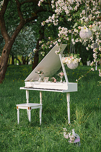 春天，一架白色的大钢琴矗立在盛开的苹果果园里。婚礼或生日装饰浪漫而精致