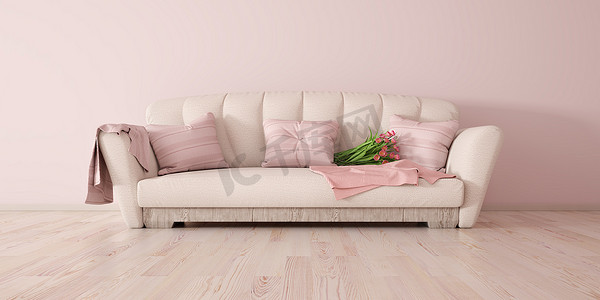 白色沙发，带有沙发、粉色枕头和格子的现代客厅室内设计，3D渲染