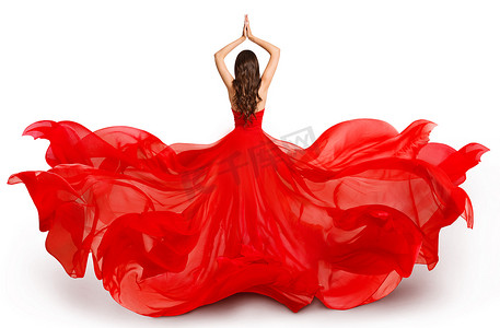 风中飘扬的红色飞衣女装后背、白衣飘扬的时尚模特