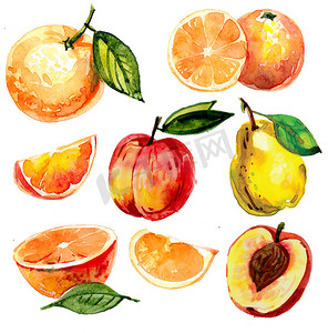 手绘水彩画设置与水果。梨、桃子片、龙岩、龙安片、玉米粒、橘子、桃子、樱桃、沙拉、石榴