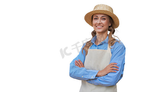 女人穿围裙白底农民务农白种人中年女业主手拿制服走过快乐一人微笑时间做广告概念网页横幅