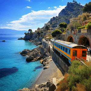 海洋与火车沿着海岸陶尔米纳西西里岛意大利2016年9月