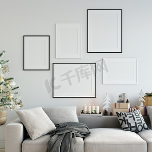 小样摄影照片_小样在客厅圣诞室内的海报。斯堪的纳维亚的内饰风格。3d 渲染、 3d 图