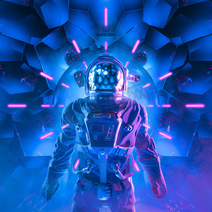 走向无限的旅程/科幻小说场景的三维图，神秘的航天员身披宇航服，被明亮的霓虹灯环绕