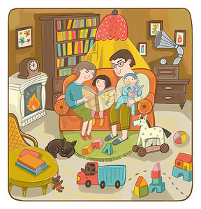 read摄影照片_family: mom, dad, son and daughter sitting in a cozy room and read a book