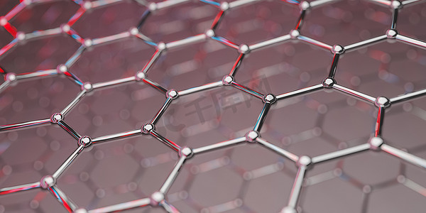 分子摄影照片_红色背景下的石墨烯分子纳米技术结构