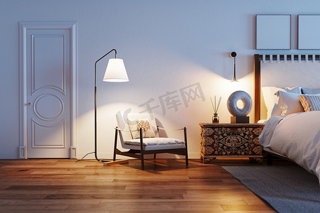 卧室落地灯摄影照片_白色卧室内部，有木制地板扶手椅和地板护栏
