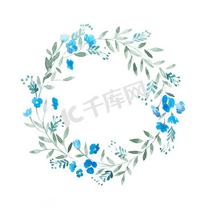 贺卡花框装饰。白色背景下蓝色花朵的水彩花环.
