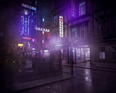 黑暗网络朋克城市中心与霓虹灯和街灯的夜晚