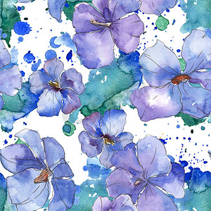 蓝色紫色亚麻花植物花。被隔绝的狂放的春天叶子。水彩插图集。水彩画时尚水彩画。无缝的背景模式。织物壁纸打印纹理.