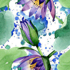蓝莲花植物花。水彩背景插图集。无缝背景模式.