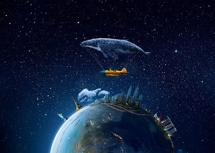 whale with aircraft and two girls over globe