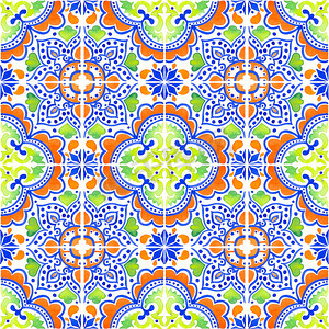 水彩多色摄影照片_无缝模式与葡萄牙瓷砖。Azulejo 在白色背景上的水彩插图。多色的设计.