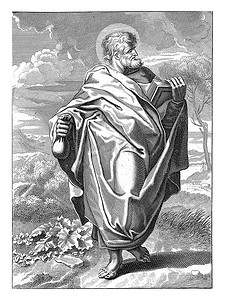 The Apostle Matthew standing in a landscape with a book and a bag of money in his hands. Below the image a reference to Ps. 92 in Latin.