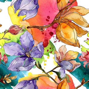 无缝背景叶摄影照片_卡梅利亚花卉植物花。水彩背景插图集。无缝背景模式.