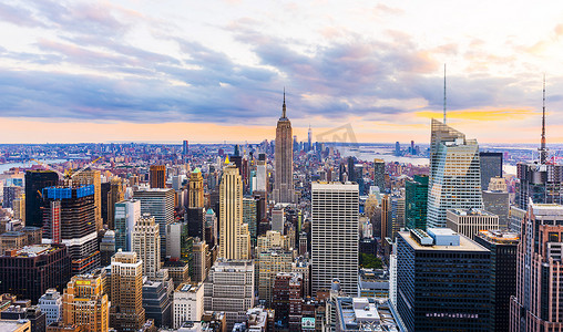曼哈顿，纽约市。曼哈顿的天际线和摩天大楼的空中景观。New York City, USA.